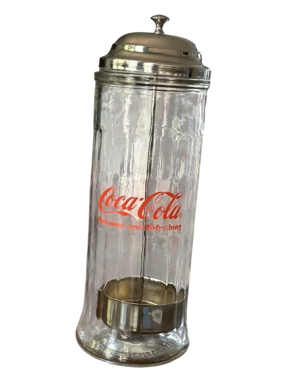 Coca Cola Clear Glass Dispenser with Red Logo and Stainless Top